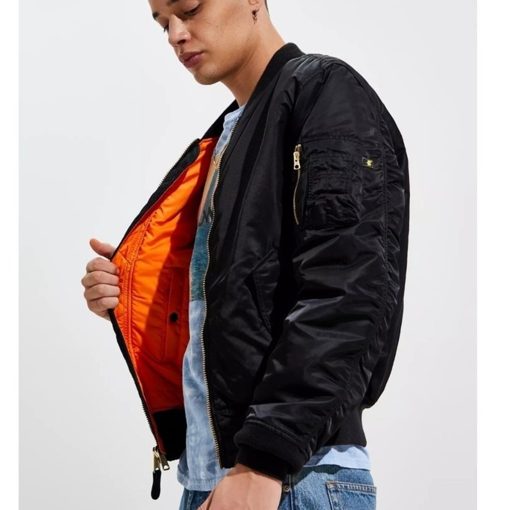 Alpha Industries Men's MA-1 Black Flight Bomber Jacket Lg Reversible Orange USA
